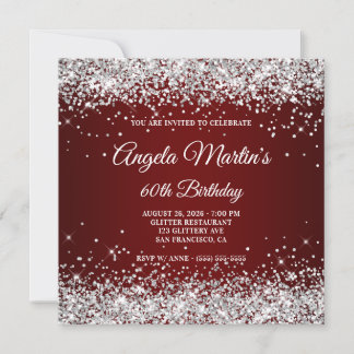 Silver Glitzer Burgundy Ombre 60. Geburtstag Einladung