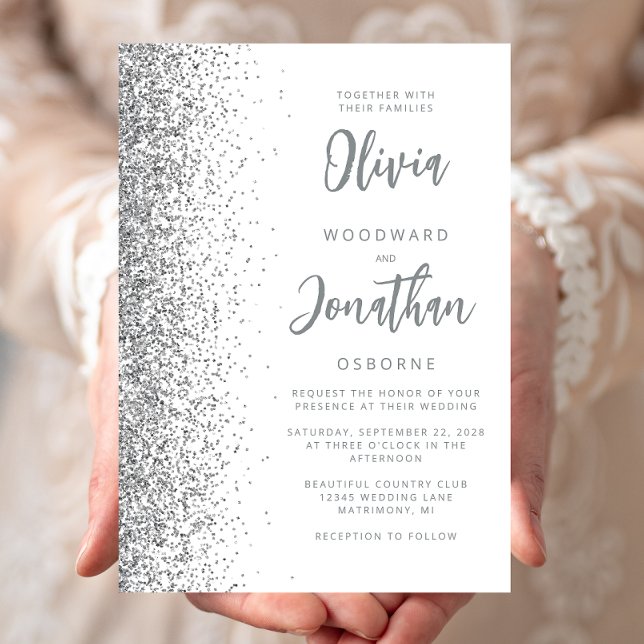 Silver Glitzer Calligraphy White Wedding Einladung (Von Creator hochgeladen)