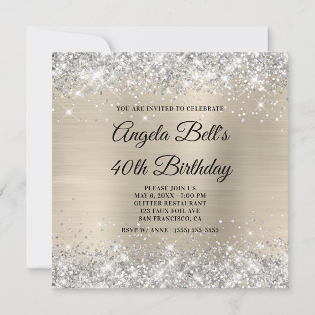 Silver Glitzer Champagne Shimmer Foil Monogram Einladung (Vorderseite)