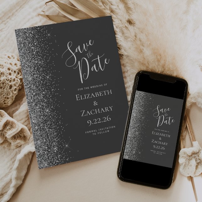 Silver Glitzer Charcoal Graut Save the Date Ankündigung (Von Creator hochgeladen)