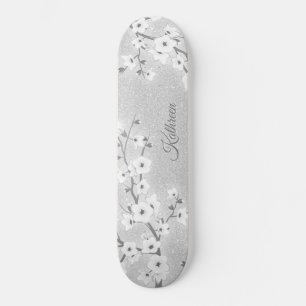 Silver Glitzer Cherry Blossom Monogram Girl Skateboard