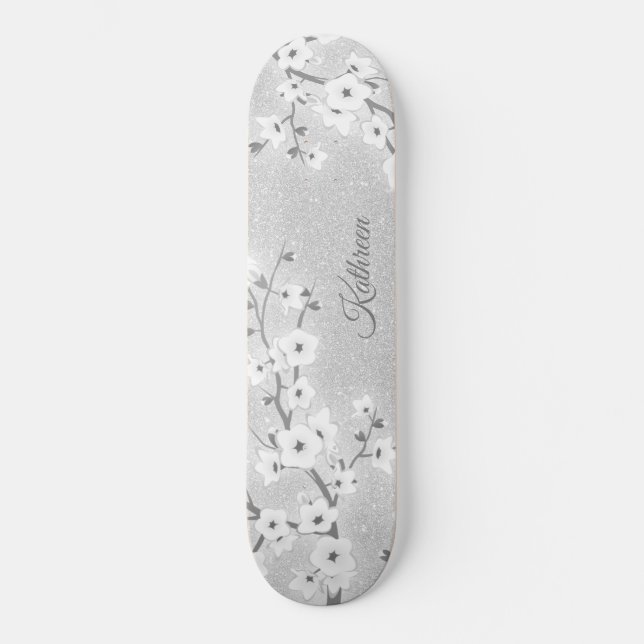 Silver Glitzer Cherry Blossom Monogram Girl Skateboard (Vorderseite)