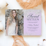 Silver Glitzer Chic Lavendel Foto Sweet 16 Einladung<br><div class="desc">Ein moderner,  schlichter silberner Glitzer Glitzern stilvoll auf individualisierbaren leichten lila Lavendel 16 . Geburtstag Geburtstagsfeier Einladung,  fügen Sie Ihr Bild .</div>