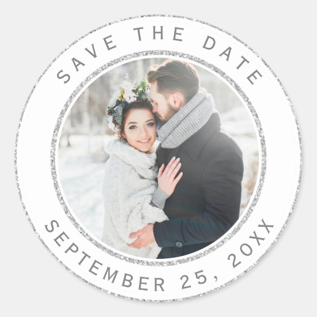 Silver Glitzer Circle Wedding Foto Save the Date Runder Aufkleber (Vorderseite)