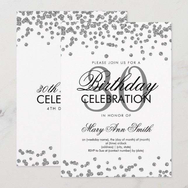 Silver Glitzer Confetti 30. Geburtstag Weiß Einladung (Vorne/Hinten)