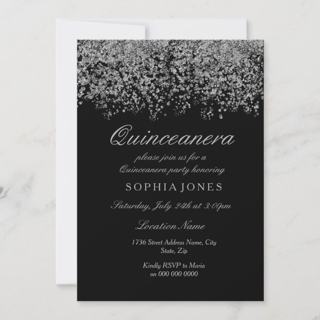 Silver Glitzer Confetti Black Quinceanera Einladun Einladung (Vorderseite)