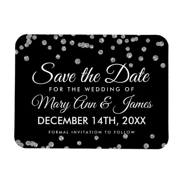 Silver Glitzer Confetti Black Wedding Rett Date Magnet (Horizontal)