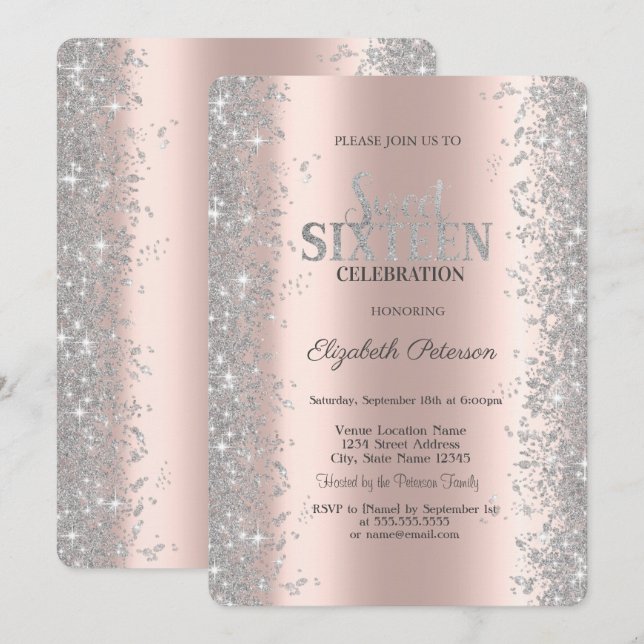 Silver Glitzer Confetti Rose Gold Sweet 16 Einladung (Vorne/Hinten)