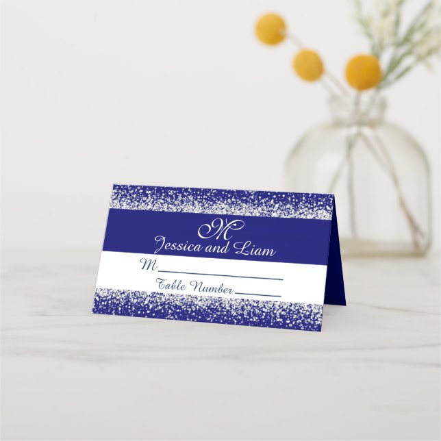 Silver Glitzer Confetti und Royal Blue Platzkarte (Vorderseite)