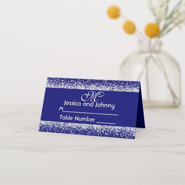 Silver Glitzer Confetti und Royal Blue Platzkarte (Vorderseite)
