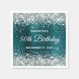 Silver Glitzer Dark Aquamarin Blue Foil 50. Geburt Serviette