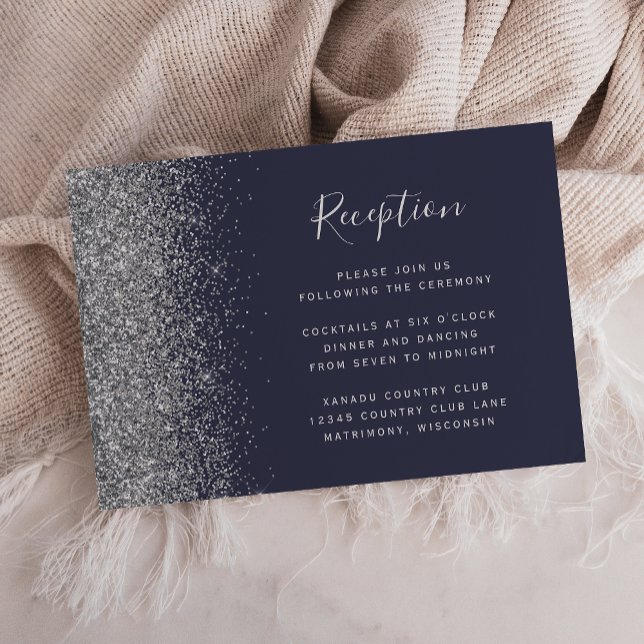 Silver Glitzer Dark Blue Hochzeitempfang Begleitkarte (Von Creator hochgeladen)