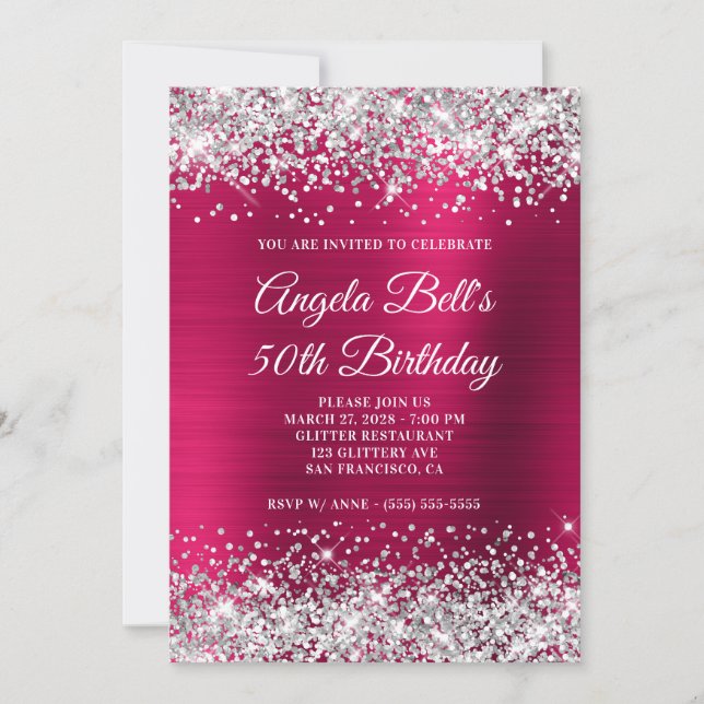 Silver Glitzer Dark Pink Foil 50. Geburtstag Einladung (Vorderseite)