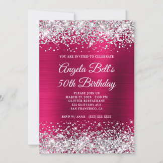 Silver Glitzer Dark Pink Foil 50. Geburtstag Einladung