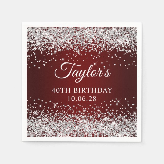 Silver Glitzer Dark Red Ombre 40. Geburtstag Serviette (Vorderseite)