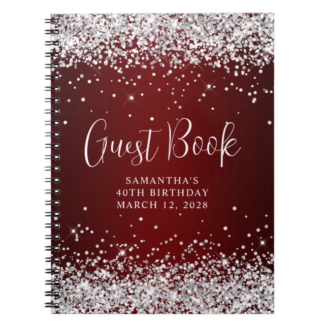 Silver Glitzer Dark Red Ombre 40th Birthday Guest Notizblock (Vorderseite)