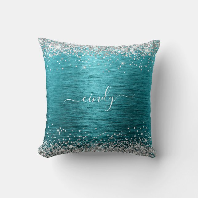 Silver Glitzer Dark Turquoise Brushed Metal Name Kissen (Vorderseite)