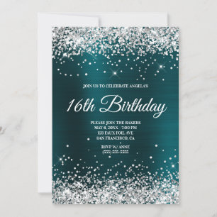Silver Glitzer Dark Turquoise Ombre Foil Monogram Einladung