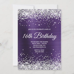 Silver Glitzer Dark Violet Ombre Foil Monogram Einladung