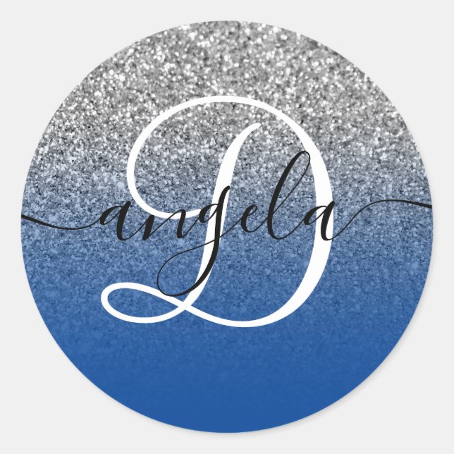 Silver Glitzer Deep Blue Ombre Mit Monogramm Runder Aufkleber (Vorderseite)