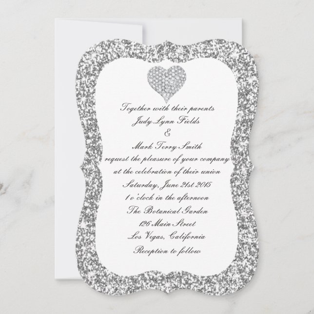 Silver Glitzer Diamond Heart Wedding Einladung (Vorderseite)