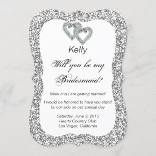 Silver Glitzer Diamond Hearts Bridesmaid Card Einladung