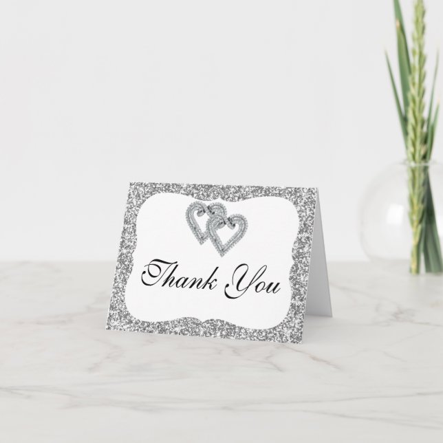 Silver Glitzer Diamond Hearts Danke Karte (Vorderseite)