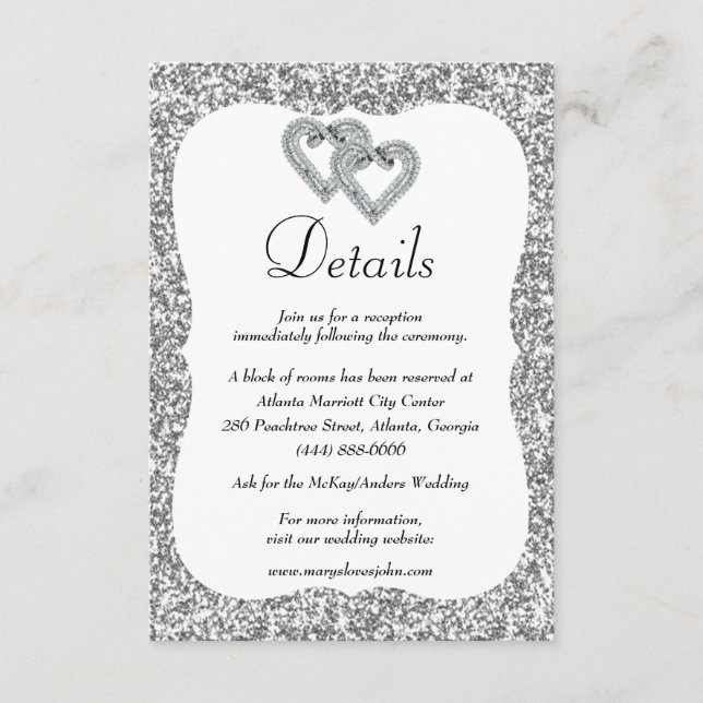 Silver Glitzer Diamond Hearts Hochzeitsdetails Begleitkarte (Vorderseite)