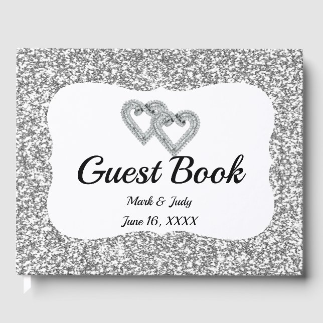 Silver Glitzer Diamond Hearts Wedding Gästebuch (Vorderseite)