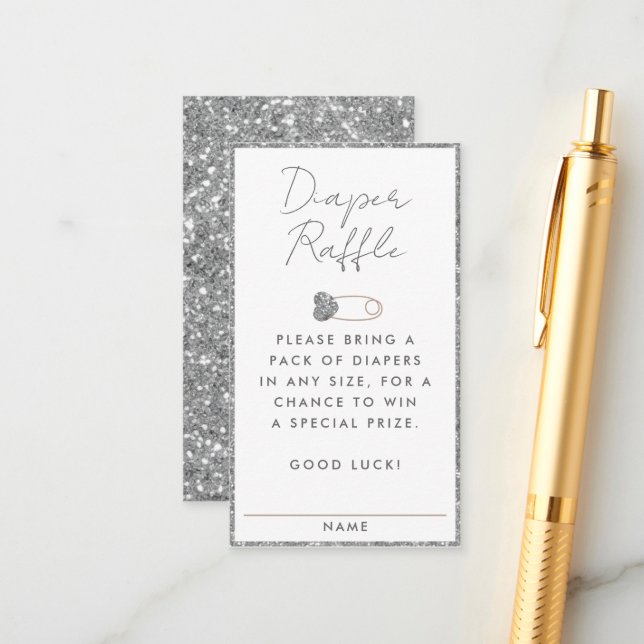 Silver Glitzer Diaper Raffle Baby Dusche Begleitkarte (Vorderseite/Rückseite Beispiel)