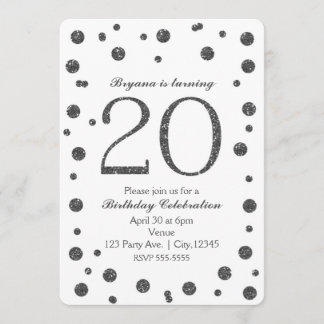 Silver Glitzer Dots 20. 20 Geburtstagsparty Einladung