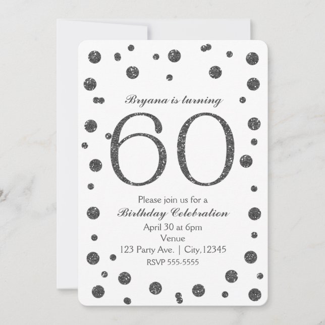 Silver Glitzer Dots 60. 60 Geburtstagsparty Einladung (Vorderseite)