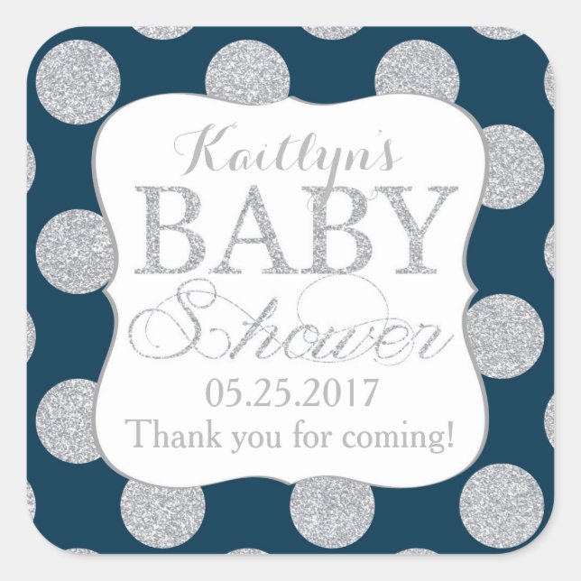 Silver Glitzer Dots Navy Blue Baby Dusche Label Quadratischer Aufkleber (Vorderseite)