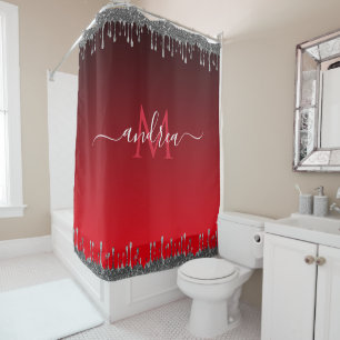 Silver Glitzer Drilling Glam Red Monogram & Name Duschvorhang