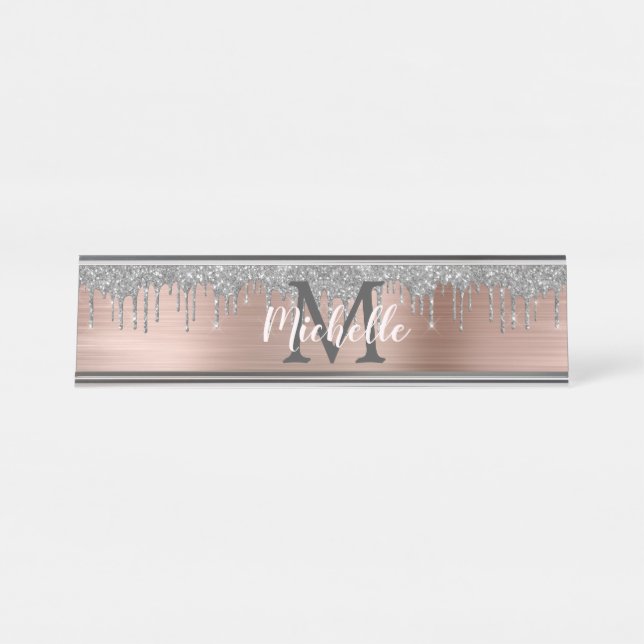 Silver Glitzer Driving Rose Gold Metal Monogram Schreibtischnamensplakette (Vorderseite )