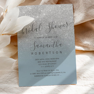 Silver Glitzer Dusty Blue Script Brautparty Einladung