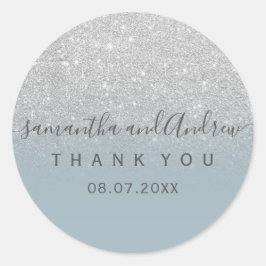 Silver Glitzer dusty blue script Vielen Dank Runder Aufkleber