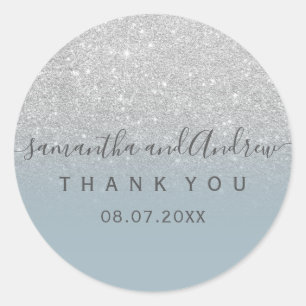 Silver Glitzer dusty blue script Vielen Dank Runder Aufkleber