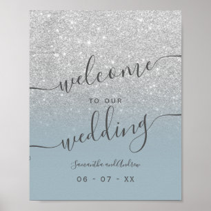 Silver Glitzer Dusty Blue Script willkommen Poster