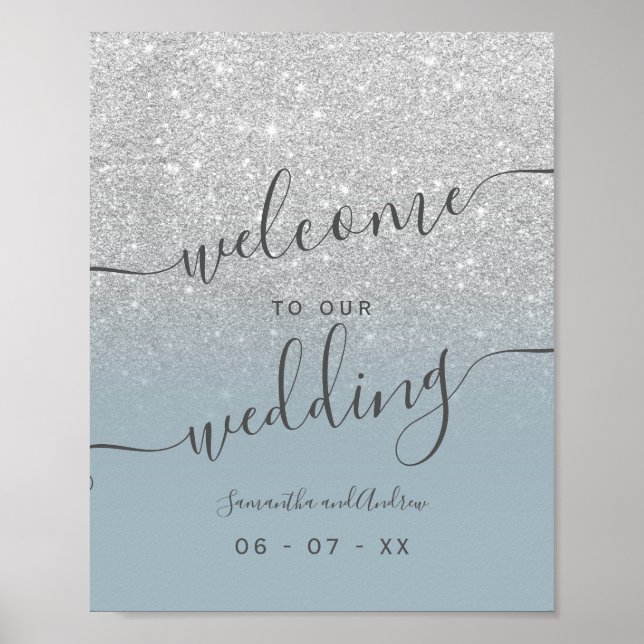 Silver Glitzer Dusty Blue Script willkommen Poster (Vorne)