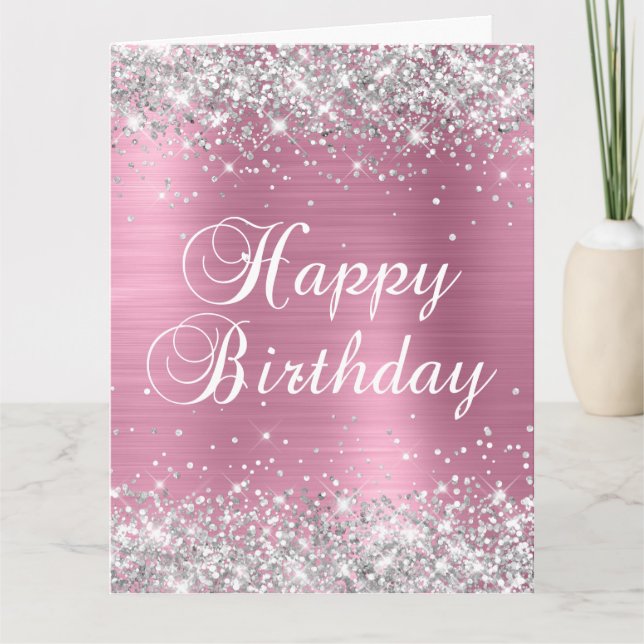Silver Glitzer Dusty Pink Big Happy Geburtstag Karte (Vorderseite)