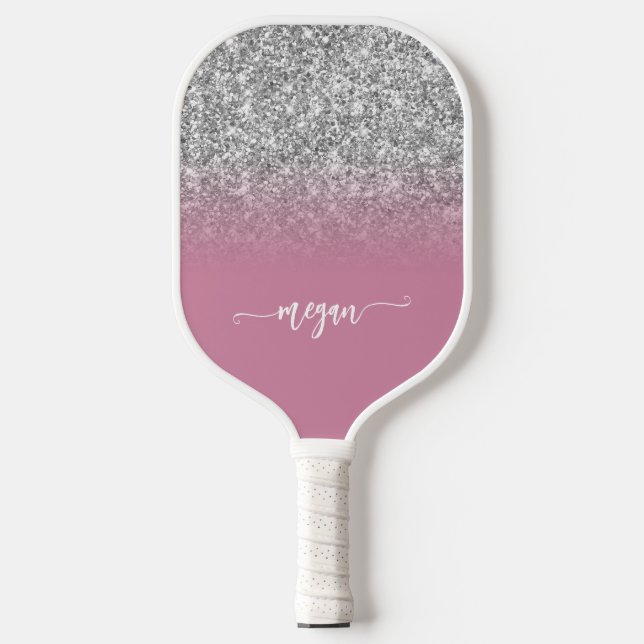 Silver Glitzer Dusty Pink Ombre Modernes Script Pickleball Schläger (Vorderseite)