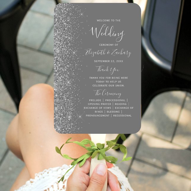 Silver Glitzer Edge Gray Wedding Program Fächer (Von Creator hochgeladen)