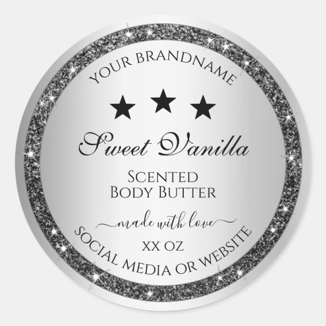 Silver Glitzer Effect Product Packaging Labels Runder Aufkleber (Vorderseite)