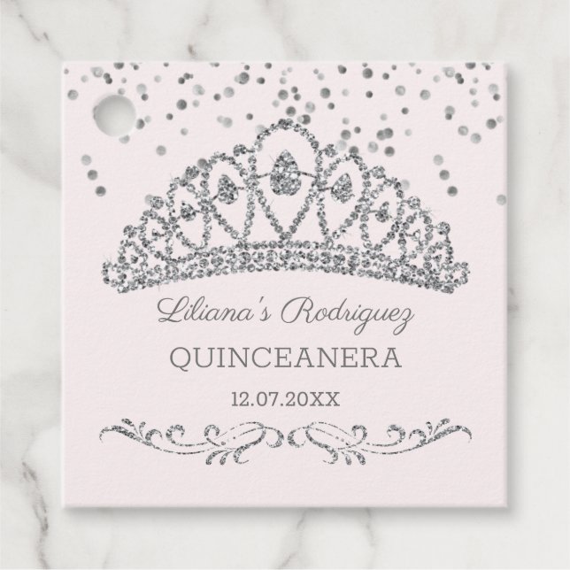 Silver Glitzer Effekt Tiara, Konfetti Quinceanera Geschenkanhänger (Vorderseite)