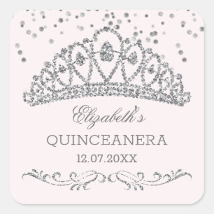 Silver Glitzer Effekt Tiara, Konfetti Quinceanera Quadratischer Aufkleber
