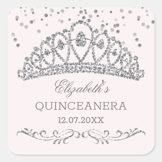Silver Glitzer Effekt Tiara, Konfetti Quinceanera Quadratischer Aufkleber (Vorderseite)