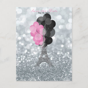 Silver Glitzer Eiffel Tower Balloons Save the Date Ankündigungspostkarte