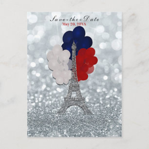 Silver Glitzer Eiffel Tower Red Blue Save the Date Ankündigungspostkarte