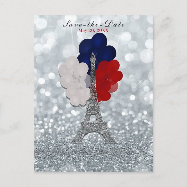 Silver Glitzer Eiffel Tower Red Blue Save the Date Ankündigungspostkarte (Vorderseite)
